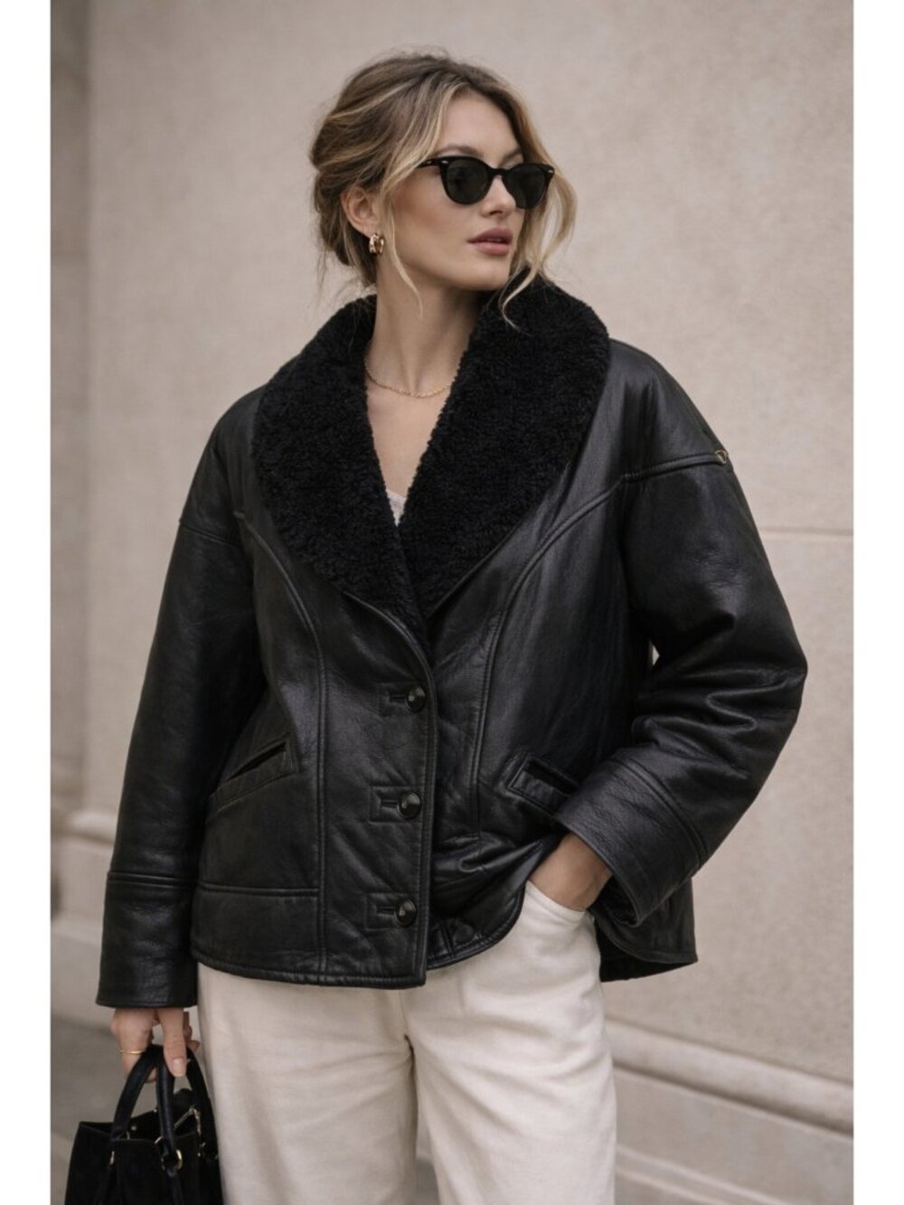 LNR Shearling Sheepskin Leather Coat Womens Black Fur Lined Jacket Winter Size M